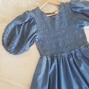 Terra & Sky Blue Midi Dress with Smocked Bodice and 3/4 Puff Sleeves